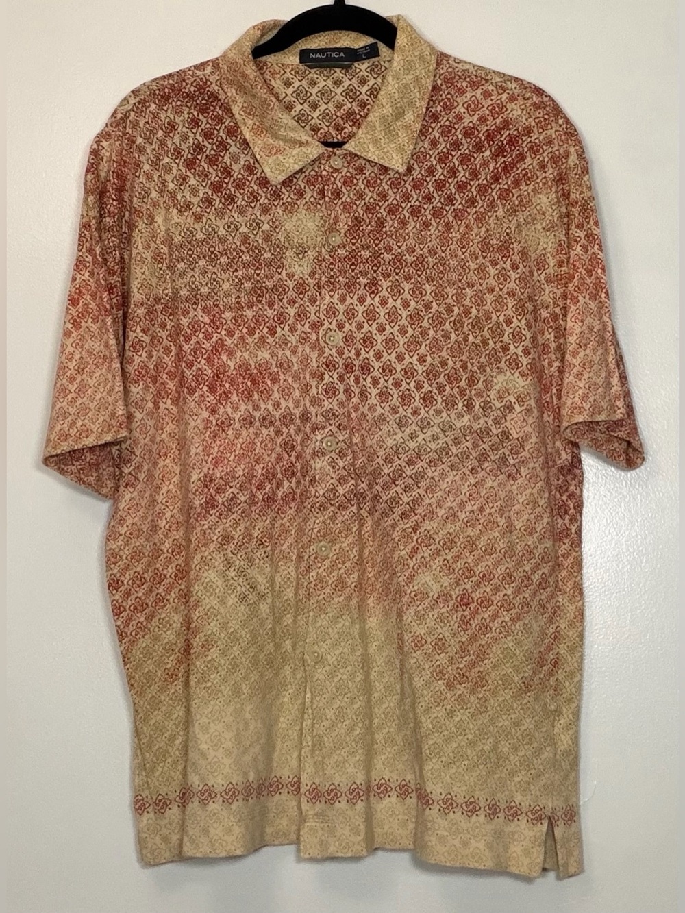 Vintage Nautica Short-Sleeve Button-Down Shirt in Beige and Rust Red Pattern